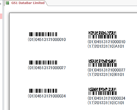 Access上にGS1 DataBarバーコードが表示されます