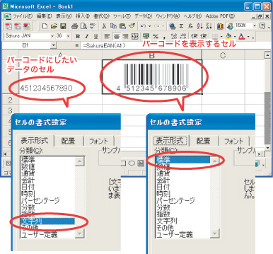 バーコードデータ、バーコード表示セルの書式